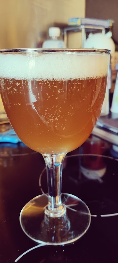 Het eindresultaat: de Trippel Antonius. Een ietwat troebele goudgele rakker van zo'n 9 procent.